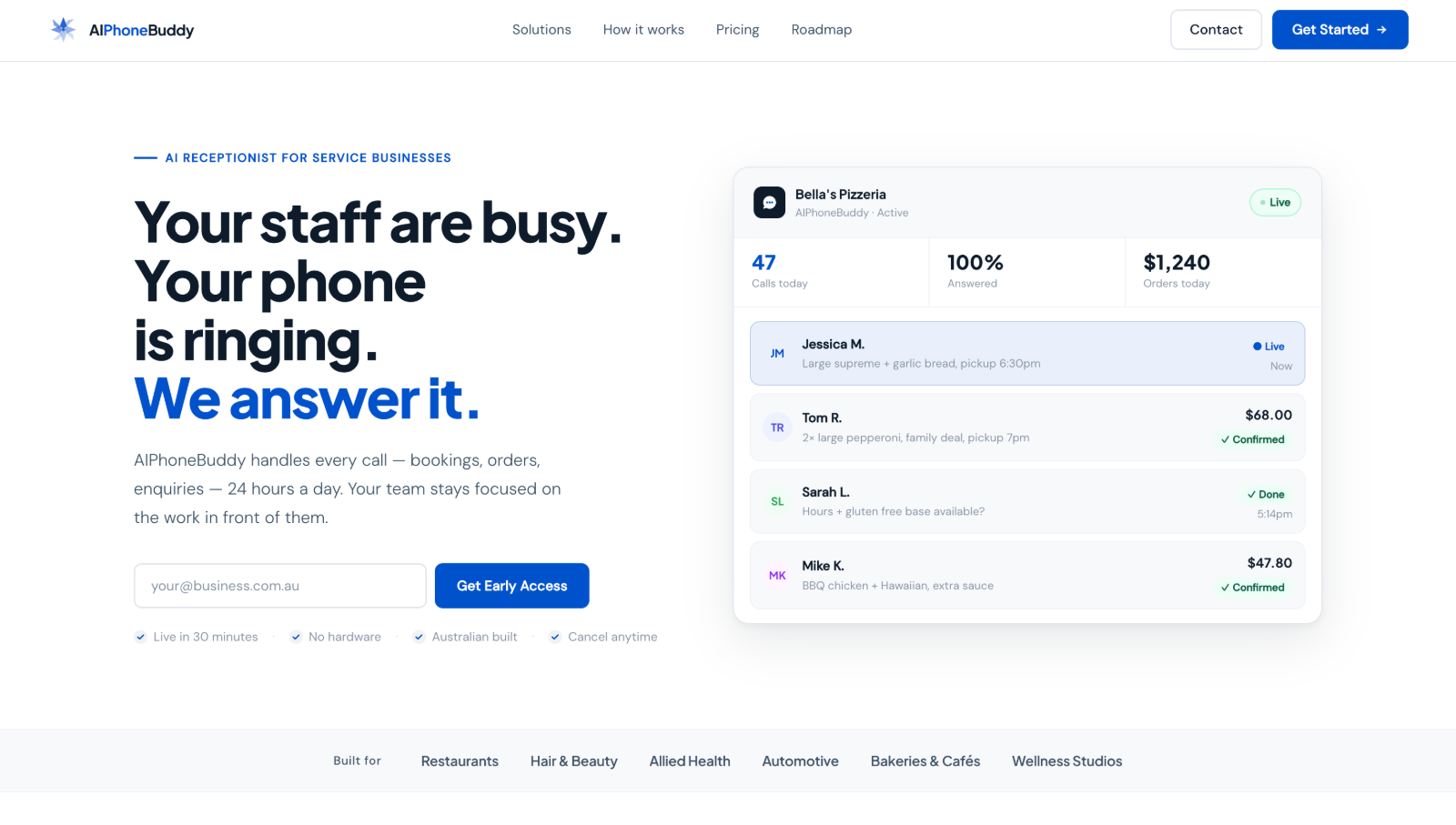 AIPhoneBuddy live dashboard showing 47 calls answered today, a 100% answer rate and $1,240 in orders for a pizzeria, with a real-time feed of customer calls and confirmed orders.