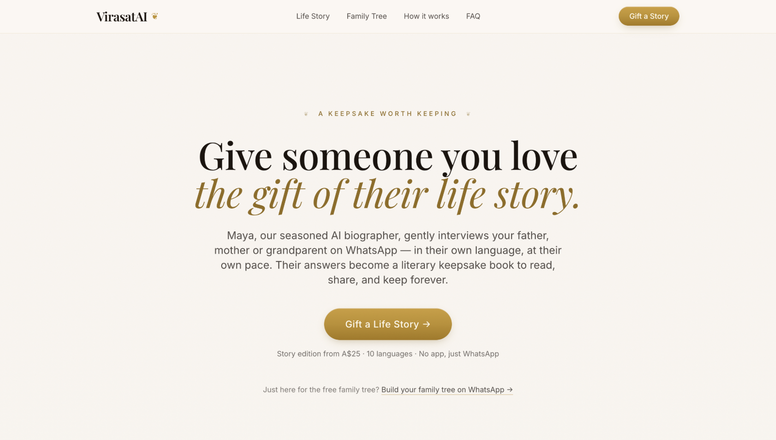 VirasatAI website hero inviting people to give a loved one the gift of their life story, with a Gift a Life Story button and the note that it works over WhatsApp in 10 languages.